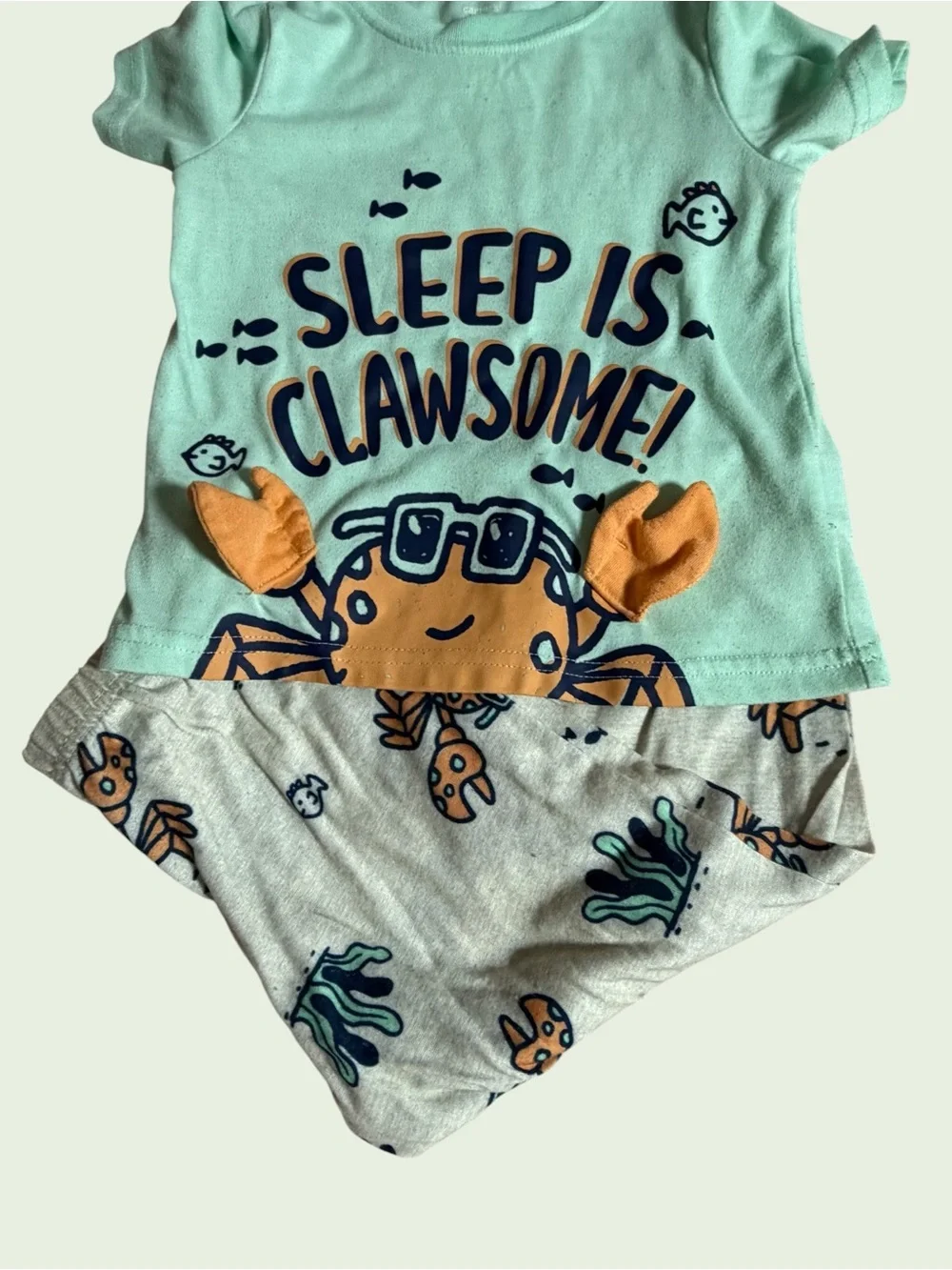 Kids' 3T Mint Green Crab Pajama Set - Sleep Is Clawsome!